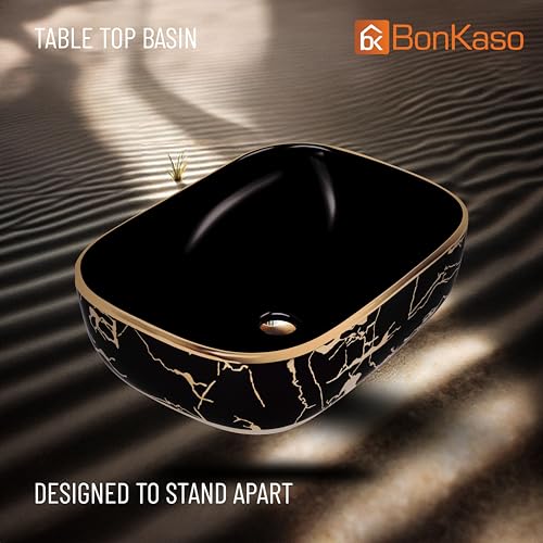 Image of BONKASO Black & Gold Luxury Table Top Wash Basin (45 x 32.5 x 13.5 cm) | Designer Ceramic Countertop Bathroom Sink | Modern Rectangle Vanity Art Basin PB1006