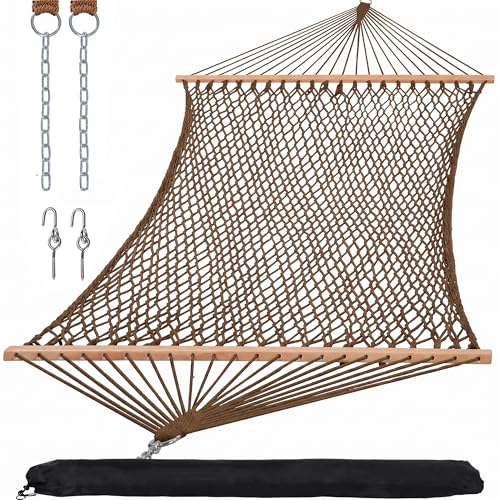 Image of SUNCREAT Hanging Backyard Rope Hammock with Spreader Bar, Carrying Bag, 450 lbs Capacity, Portable Two Person Hammock with Tree Hooks, Brown