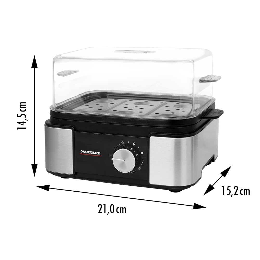 GASTROBACK Mini Eierkocher 6 Eier Edelstahl - Egg Cooker Electric | Abschaltautomatik - Egg Boiler Automatischer Signalton - Eierkocher Testsieger Klein Schwarz inkl. Eierstecher