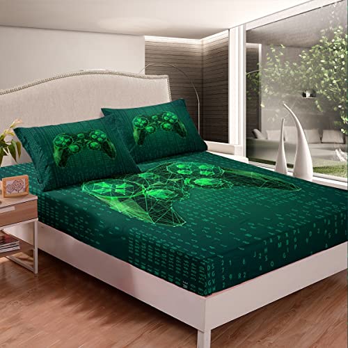 Erosebridal Gaming Fitted Sheet, Video Games Bedding Set Modern Gamer Bed Sheets for Kids Girls Boys Man, Abstract Geometry Gamepad 2 Piece Bedding Decor Set, Twin Size, Green