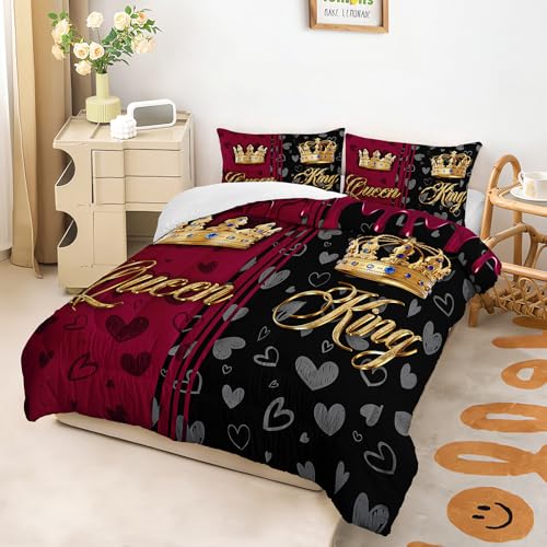 Image of AILONEN Queen & King Bedding Set Full Size for Men Women Couples,Luxury Crown Comforter with 2 Pillowcases,3-Piece Black & Red Hearts Quilt Set for Bedroom Decor