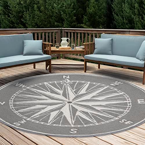 Liora Manne Frontporch Indoor / Outdoor Rug – Novelty Nautical & Lake House Designs, Comfortable & Durable, Easy Care & Maintenance, UV Stabilized, Compass Grey, 5' Round