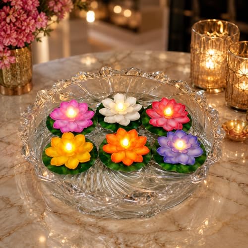 Image of One94Store Sensor Water Floating Smokeless Candles & Lotus Flowers Sensor Led Tea Light Unbreakable for Outdoor and Indoor Festival Decoration (Multicolor, Pack of 6,Plastic)