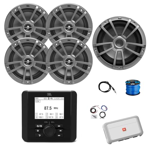 Marine Gauge Style Bluetooth AM/FM Radio Receiver, 4X 6.5 180 Watt 2-Way Multi-Element Audio Speakers (Gray), Wire, Antenna, 10