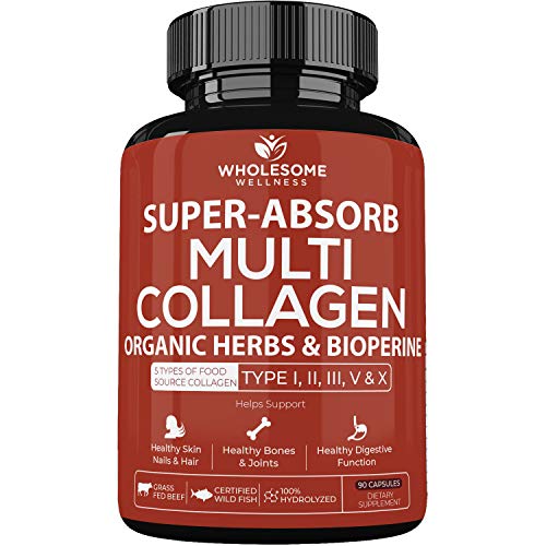 Super-Absorb Multi Collagen Pills (Type I II III V X) Organic Herbs and Bioperine - Anti-Aging, Hair, Skin, Nails, Joints - Hydrolyzed Collagen Peptides Protein Supplement for Women Men (90 Capsules)