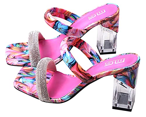 LUXINYU Women's Transparent Heels Slide Sandals Rhinestone Clear Chunky Heels Open Toe Slip on Heeled Slipperï¼ŒRose 6.5