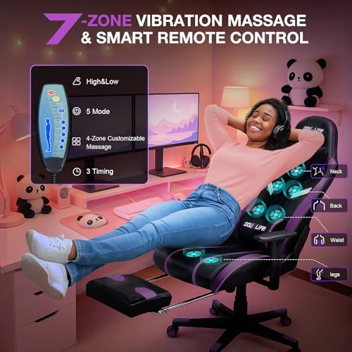 Image of Douxlife 7-Point Massage Gaming Chair with Footrest, 400lbs Heavy Duty Ergonomic Computer Chair, 175 Reclining High Back Racing Seat for Adults with Adjustable Armrests & Lumbar Support, Purple