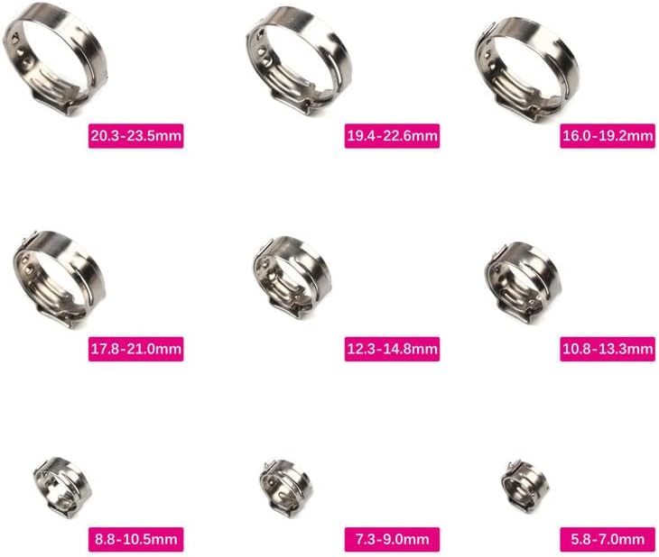 100pcs 4.7-23.5mm Single Ear Hose Clamps 304 Stainless Steel Single Ear Hose Clips Ear Pipe Clamps for Sealing Kinds of Hose(7.3-9.0mm)