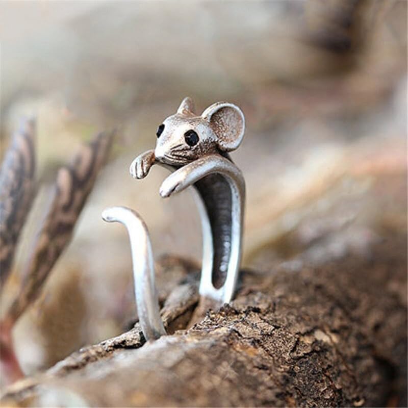 FLYYQMIAO Little Mouse Vintage Animal Index Finger Ring Cute Open Wrap Ring Handmade Burnished Mouse Ring for Women Teen Girls Party Adjustable Birthday Gift Jewelry Comfort Everyday Ring3