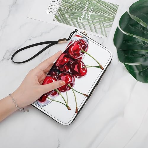 Glass Bowl with Cherries PU Leather Clutch Long Bifold Wallet, Coin Purse Credit Pass Case, Durable Card-Holder Money Storage for Women Men4
