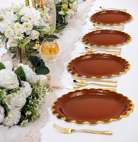 Image of HEIPINIUYE 50 Pieces Brown Paper Plates with Gold Foil 7 Inch Disposable Brown and Gold Scalloped Dinner Plates for Wedding Baby Shower Birthday Party Dessert Plate