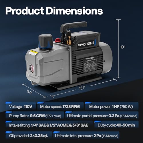 Image of VIVOHOME 1 HP 9.6 CFM 2 Stage A2L HVAC Vacuum Pump, Sparkless Motor for R32 R1234yf R454B R134a R22 R410a Systems, Auto AC Vacuum Pump for Air Conditioner Resin Degassing with Oil Bottle
