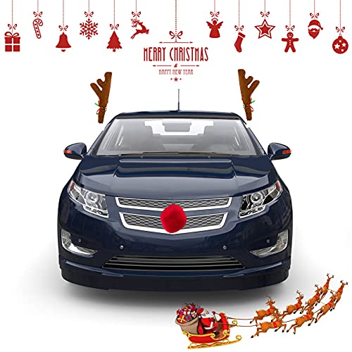 Fullive Car Reindeer Antlers Nose, Christmas Window Roof-Top & Grill Rudolph Reindeer Kit Auto Jingle Bell Car Costume Holiday Decoration For Car Suv Van, Easy To Install #TOP5
