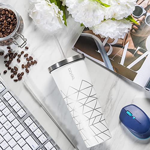 Bzyoo White Dinnerware & Tumbler Collection: 100% Melamine White Plate & Bowl Set (12 Pcs Dinnerware Set, Service For 4, Organica White) & Sup 24Oz Double Wall Vacuum Insulated Tumbler With Straw #TOP7