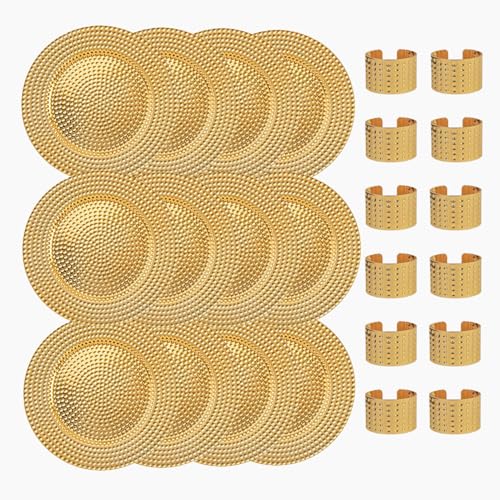 Home Collectives 13 Inch Round Elegant Serve ware Charger Plates with Matching Napkin Rings, Wedding, Dinner party, Event - Choose from our Variety of Styles and Quantities (12, Hammered Gold)