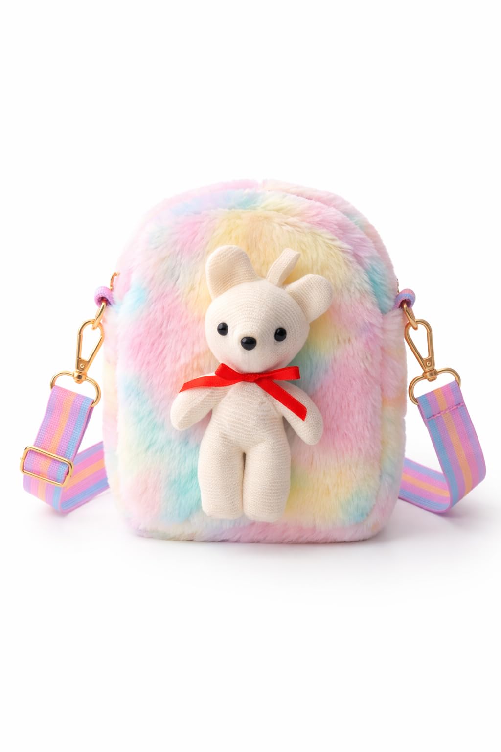 Cute Kids Fluffy Sling Bag, Rainbow Multicolour, Soft Fur, Teddy Bear Design, Lightweight, for Party, Travel and Daily Use-image-34