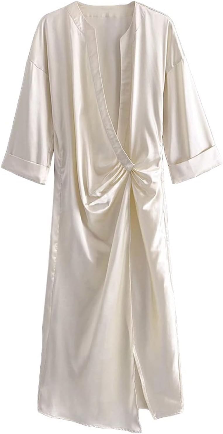 SPAPURDress Women Chic Fashion Front Knot Soft Touch Midi Dress Vintage Three Quarter Sleeve Side Zipper Female Dresses (Color : Champagne, Size : US-Size L)