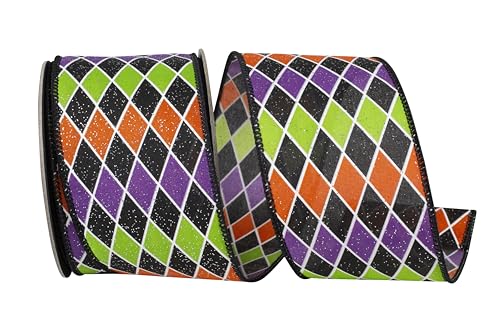 Reliant Ribbon Halloween Diamond Colors Glitter Wired Edge Multi 2-1/2 Inch 10 Yards