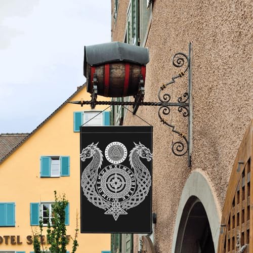 Viking Celtic Dragon & Runic Symbols Norse Pagan Design Burlap Garden Flag 12x18 Inch - Double Sided, All Weather