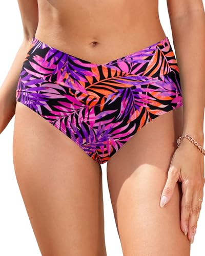 Image of Women V Cut Full Coverage Bikini Bottom - High Waist Swim Bathing Suit Bottoms Cross V Front Swimsuit