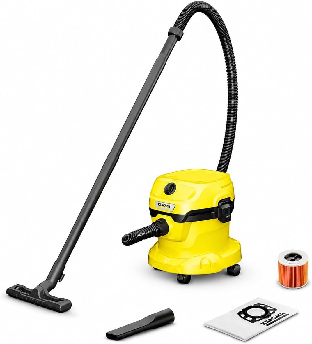 KÄRCHER, Aspirador en seco y húmedo WD 2 Plus V-12/4/18/C, Potencia 1000 W, Incluye Filtros y Boquilla para Suelo y Ranuras, Yellow/Black, Depósito de plástico 12 l, Manguera aspiración 1,8 m