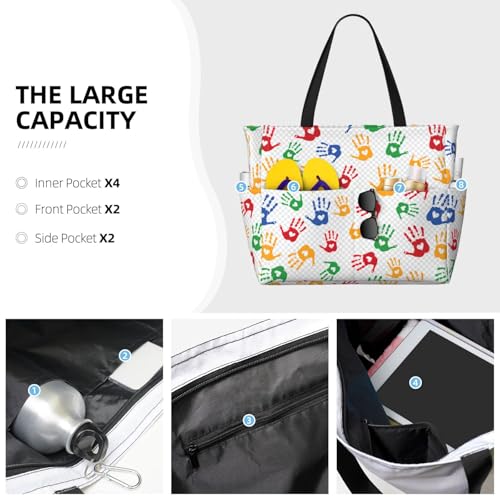 Large Capacity Beach Bag Waterproof Pool Tote for Gym Swimming Camping Carry On Bag Colorful Hand Shapes Rainbow Print4
