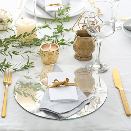 Image of VASUHOME 10 inch Round Mirror Centerpieces for Tables, Glass Mirror Tray Set for Wedding and Party Decorations, Circle Mirror Plates with Smooth Edge and Cushioned Feet, 2mm Thick