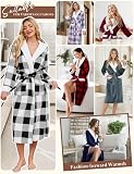 Yuson Girl Damski flanelowy szlafrok długi pluszowy szlafrok polarowy z kapturem ciepły zimowy szlafrok dla kobiet miękki puszysty odzież domowa tartan kratka wzór spa bielizna nocna, M