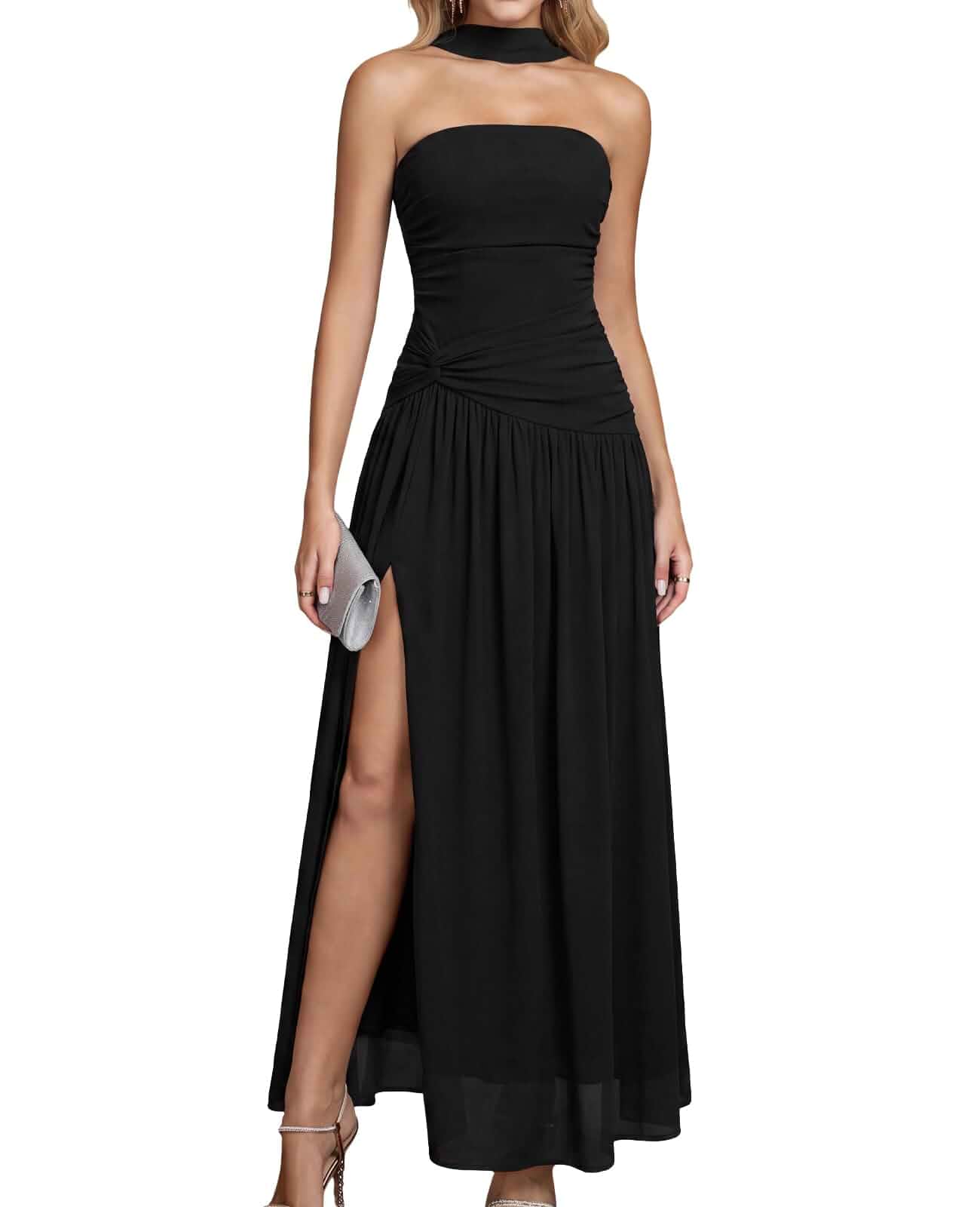 GLNEGE Halter Tube Top Strapless Formal Wedding Guest Cocktail Maxi Dress Women's Ruched Pleated Mesh Slit Long Dress Elegant Evening Prom Bridal Shower Floral High Waist Dress