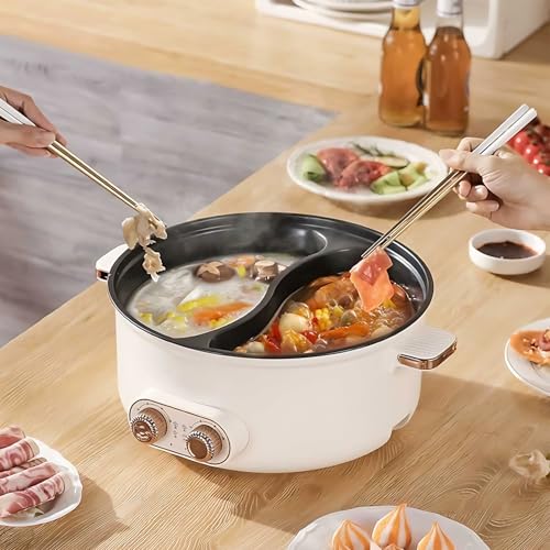 Hot Pot Elektrisch, 5.5L Doppelter Topf mit Zwei Reglern, 1600W Elektrischer Kochtopf mit Trennwand - 3 Speed Settings, Multifunktionale Hotpot für Braten Ramen Fondue und GemüSe Rühren