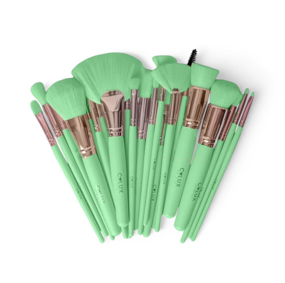 C-LUX Green Makeup Brush Set, Professional Face & Eye Brushes Kit with Soft Synthetic Bristles, Rose Gold Ferrules, Blending Foundation Powder Contour Blush Eyeshadow Liner, Spoolie Included