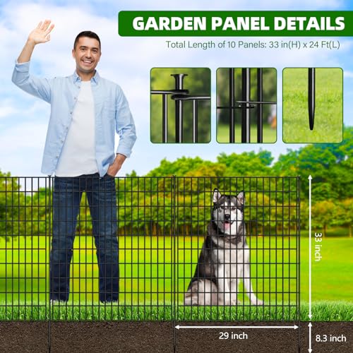 10 Panels Garden Fencing Animal Barrier, 33 in(H) X 24 ft(L) Dog Fence Outdoor for Yard Rustproof No Dig Decorative Garden Fence Metal Wire Panel Border Patio Rabbit Ground Stakes Fencing - Thumbnail 2