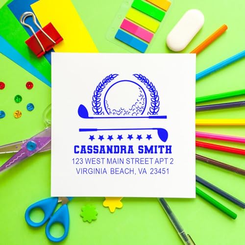 Image of Made to Order Wood Handle Return Address Stamp Golf Champion Crest | Any standard pad works. Customized Hand Stamp. Golf Club Stamp. 1-5 /8 inch square imprint. Your name and address.