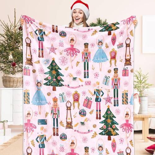 JarThenaAMCS Christmas Fuzzy Blanket 50 x 60 Inch Pink Watercolor Nutcracker Soft Cozy Throw Blanket for Home Xmas Party Holiday Bed Sofa Couch