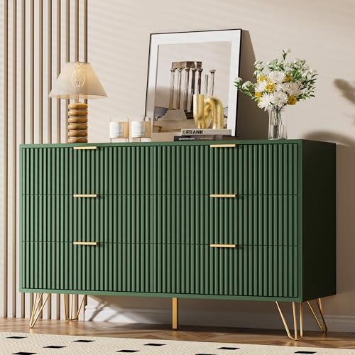 Image of Furniway Green Dresser for Bedroom, Modern Dresser with Gold Metal Handles & Chests of Drawers for Bedroom, 15.7 inch D x 47.2 inch W x 29.5 inch H
