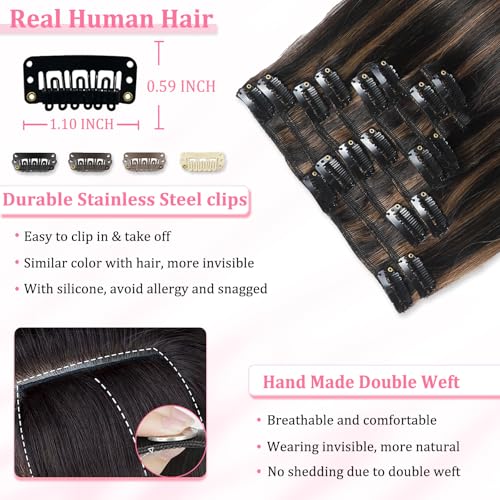 Image of Clip in Hair Extensions Real Human Hair Seamless Balayag Clip ins for Women | Seamless Invisible human hair clip in extensions Straight 8Pcs Double Weft Natural Black Highlight Chestnut Brown 16inch 90g