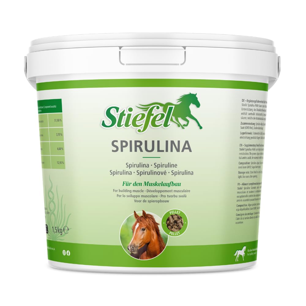 Stiefel Spirulina für Pferde, zur Unterstützung des Muskelstoffwechsels, begünstigt den Muskelaufbau, Algen, Mikroalge, ideal für Freizeit-, Sport-, Leistungs- & Zuchtpferden, Peletts, 1,5kg