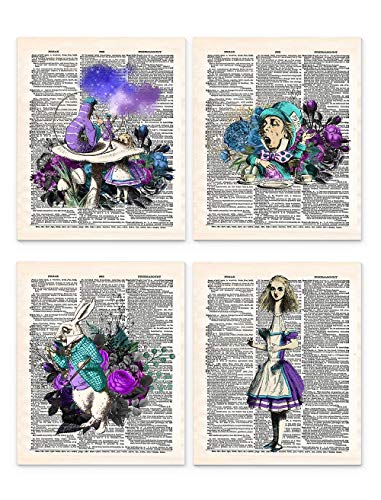 Alice in Wonderland Wall Art, 8x10 Set of 4 UnFramed Decor Prints in Blue Tones. On Upcycled Vintage Style Dictionary Page. Ideal for Book Lover, English Teacher, Librarian and Lewis Carroll Fan