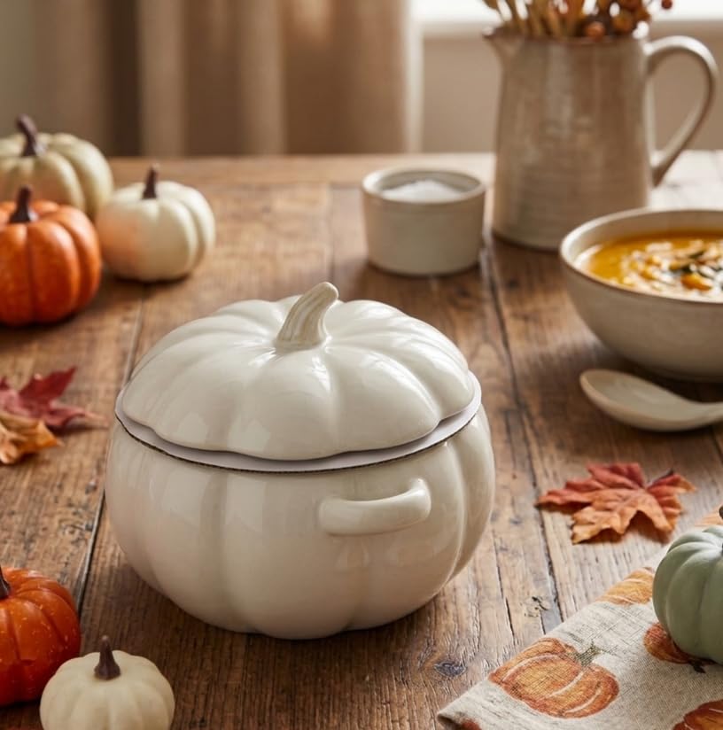 Creamy White Pumpkin-Shaped Lidded Ceramic Serving Bowl, Elegant Autumn Harvest Soup Bowl with Lid for Soup, Stews, Casseroles, Side Dishes & Seasonal Table Décor-M81