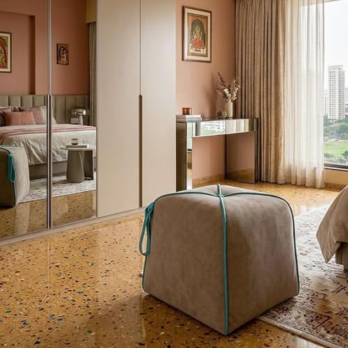 Image of CASASTYLE Signature Velure Suri Accent Pouf | Boston Fabric | 40D High-Density Foam | (Warm Sand Beige) | Footrest, Vanity Ottoman & Accent Seat for Home, Office, & Hotel