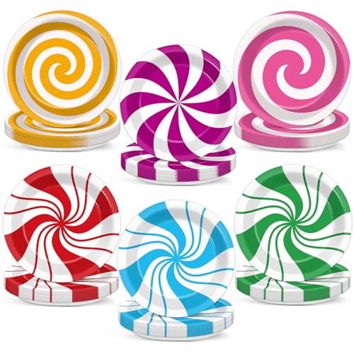Lonfliness 60PCS Peppermint Candy Cane Paper Plates 7in Colorful Lollipop Candy Themed Disposable Paper Dessert Dinner Plates for Sweet Shop Holiday Baby Shower Birthday Party Favors Supplies
