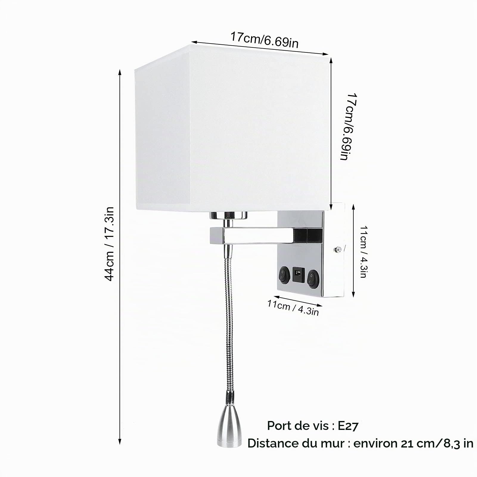 Tissting Applique Murale LED, Lampe de Lecture Réglable avec Bras Articulé et Port USB, Abat-jour Tissu de Lin Blanc E27 Nickel Satiné pour Chambre et Hôtel