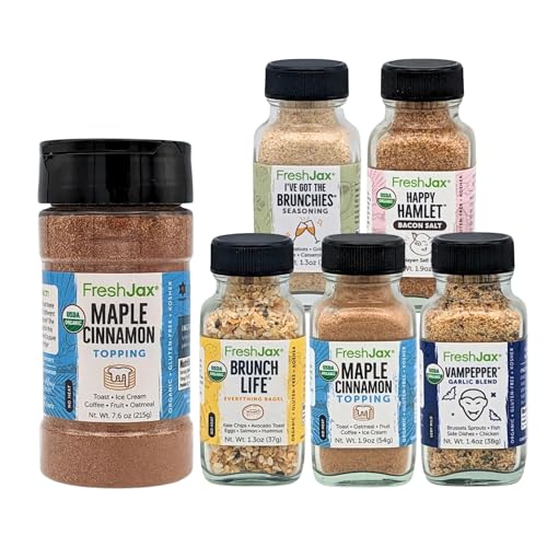 FreshJax Maple Cinnamon and Breakfast Seasoning Gift Set Bundle | 5 Sampler Sized and 1 Large Bottle | Non GMO, Gluten Free, Keto, Paleo, No Preservative