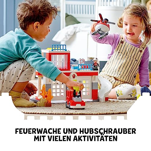 Image of LEGO Duplo Rescue Fire Station & Helicopter 10970 Building Toy; Playset With Fire Truck And Helicopter; For Ages 2+ (117 Pieces), Multicolor
