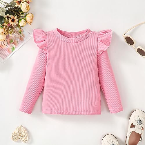 Image of OPAWO Toddler Long Sleeve Shirt Girl Ruffle Sleeve Ribbed Tops Tees Blouses