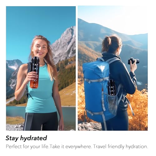 Image of 32oz Motivational Water Bottles with Time Marker & Fruit Strainer, Transparent Gradient Color Water Bottle with Times to Drink, Leakproof & BPA Free, Reusable Bottle with Strap (No Straw)