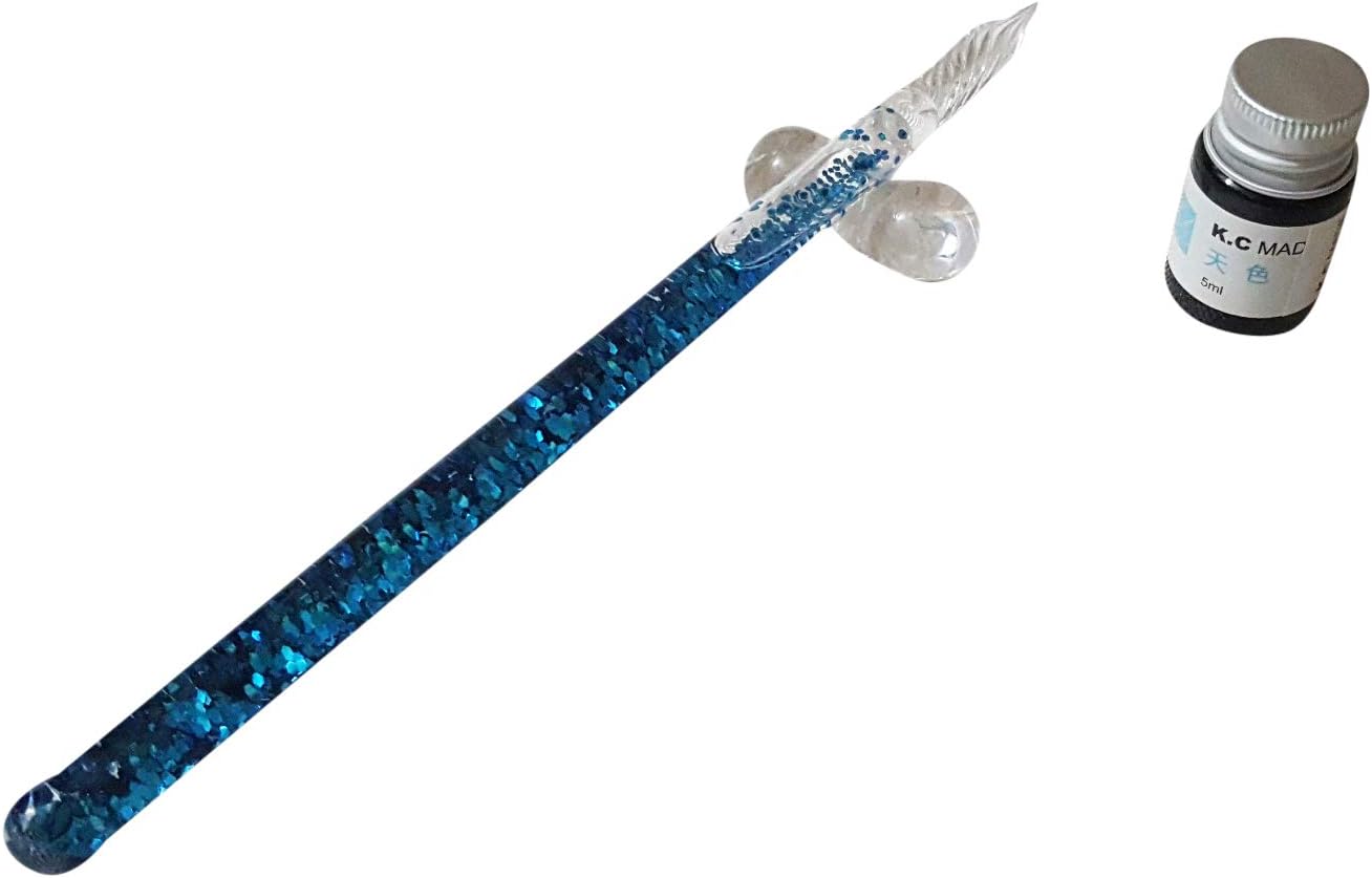 ONOTIC English Calligraphy Crystal Spark Water Filled Dip Quill Pen Writing Ink Set Stationery Gift Box with Ink Bottle & Stand (Blue)
