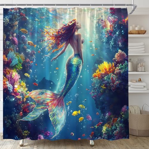 Fantasy Mermaid Shower Curtain Fairy Tale Underwater World Tropic...