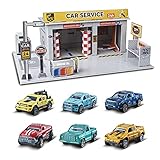 STOULKD 6 Pieces Alloy car Model Toys 1/64 Truck with 3D Scene, Gas Station Maintenance Station for Kids 3 Years Old up (Repair Shop)…