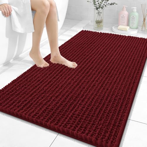 Image of OLANLY Bathroom Rug Mat 44x32, Thick Soft and Absorbent Chenille Bath Mat, Non-Slip Rubber Backing, Machine Washable Quick Dry Bath Rugs for Tub Shower Floor, Home Decor Accessories, Burgundy